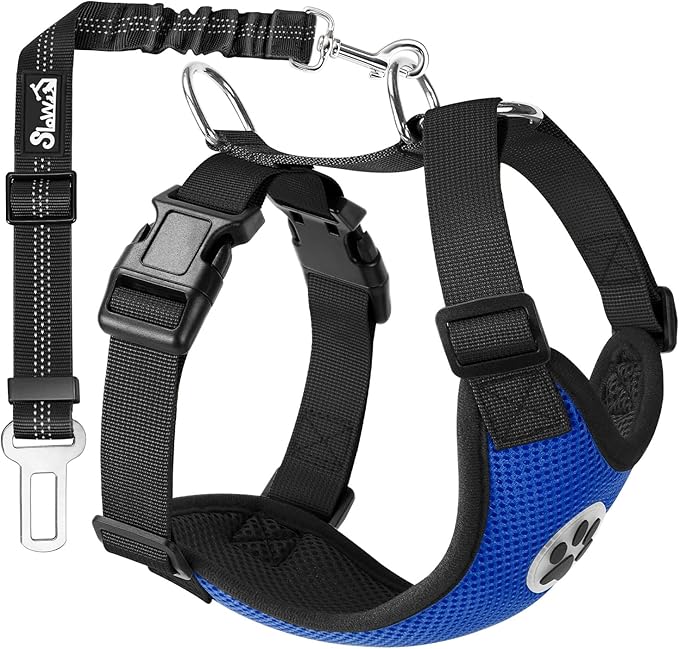 SlowTon Dog Seat Belt Harness for Car, Dog Car Harness Adjustable Mesh Breathable &amp; Dog Seatbelt Safety Tether with Elastic Bungee for Small Medium Large Pets(Blue, Single Clip, XS)