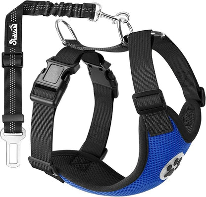 SlowTon Dog Seat Belt Harness for Car, Dog Car Harness Adjustable Mesh Breathable &amp; Dog Seatbelt Safety Tether with Elastic Bungee for Small Medium Large Pets(Blue, Single Clip, XS)