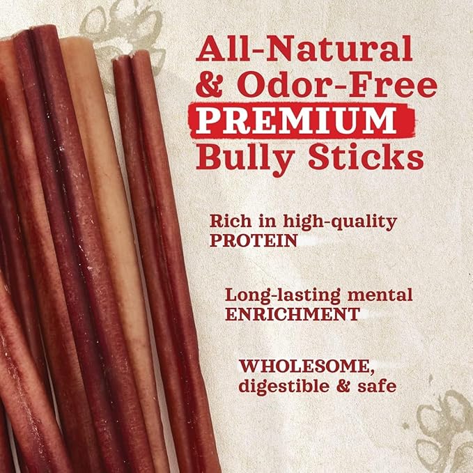 Natural Farm Odor-Free Thick Bully Sticks (12”, 10-Pack) All-Natural Long-Lasting Dog Chews, 100% Beef Pizzle, Grass-Fed, Grain-Free, Protein for Muscle Development &amp; Energy, Perfect for Large Dogs