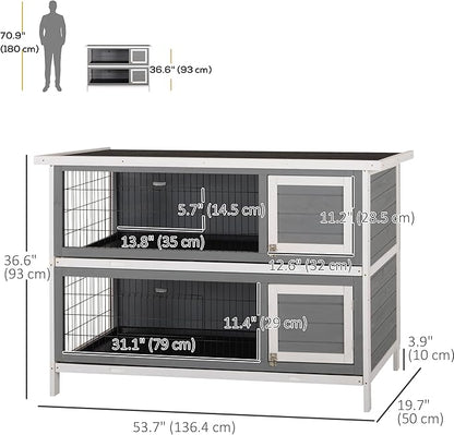 PawHut 54" 2-Story Large Rabbit Hutch Bunny Cage Wooden Pet House Small Animal Habitat with Lockable Doors, No Leak Tray and Waterproof Roof for Outdoor/Indoor Dark Grey