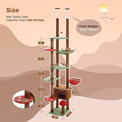 PEQULTI Mushroom Cat Tree Floor to Ceiling Cat Tower Adjustable Height (90.5&