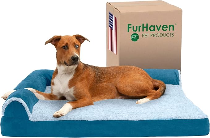 Furhaven Cooling Gel Dog Bed for Large Dogs w/ Removable Bolsters &amp; Washable Cover, For Dogs Up to 95 lbs - Two-Tone Plush Faux Fur &amp; Suede L Shaped Chaise - Marine Blue, Jumbo/XL