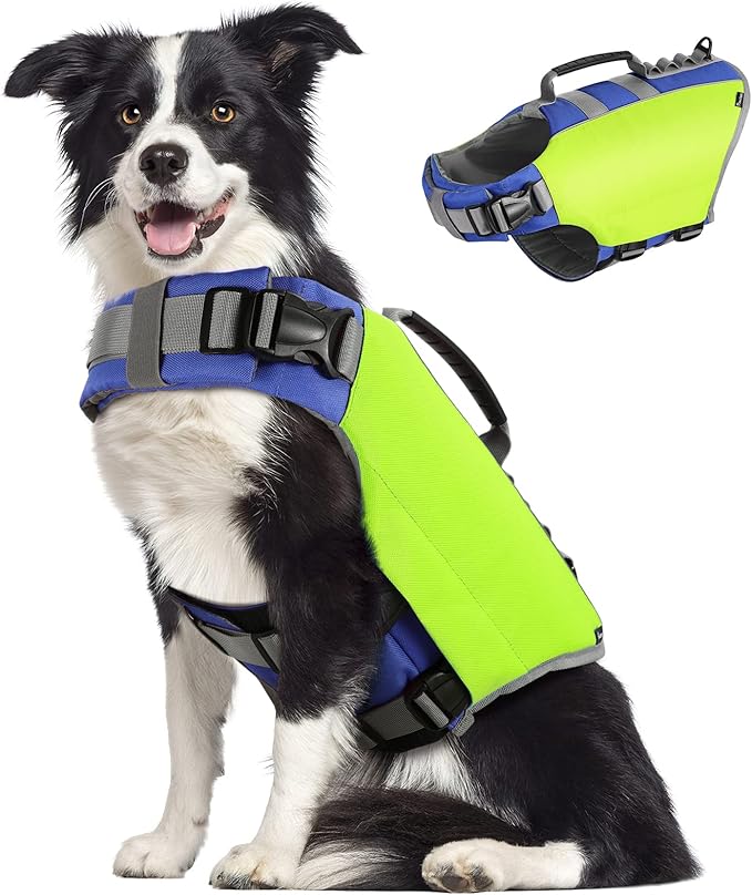 Pawaboo Reflective Dog Life Jacket, Dog Safety Vest Adjustable Pet Life Preserver with Strong Buoyancy &amp; Sturdy Rescue Handle, Dogs Lifesaver Vests for Boating, Swimming, L, Bright Yellow