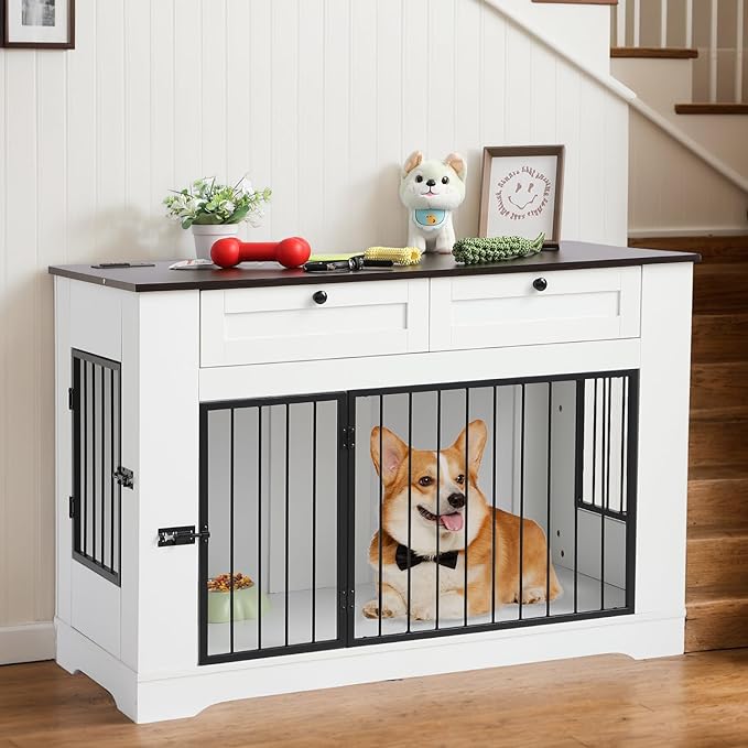 Large Dog Crate Furniture-Decorative Heavy Duty Dog Cage Indoor, Wooden Dog Cage End Table with Charging Station, Dog House with 2 Drawers (White, 47.2&