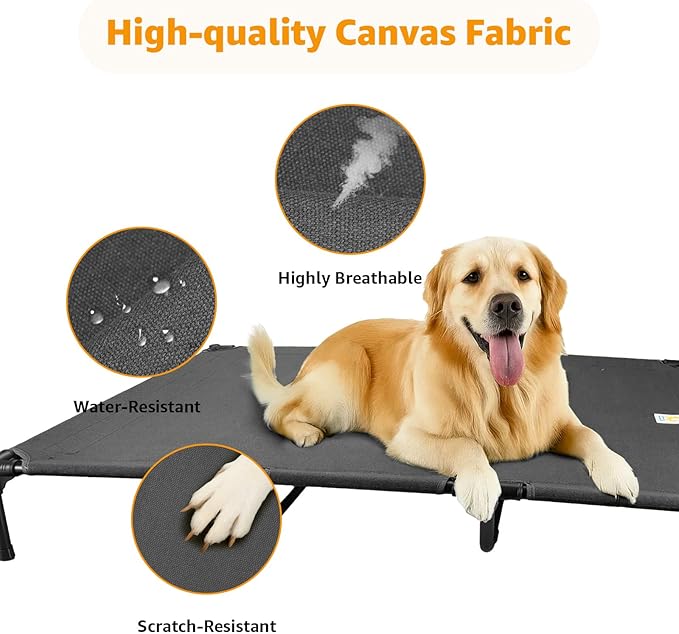 Canvas Elevated Dog Bed, Durable Chew Proof Outdoor Raised Pet Cot for Extra Large Dogs, Waterproof, Breathable, Portable, Washable, Easy Assembly, Sturdy Frame for Camping &amp; Travel, Dark Grey