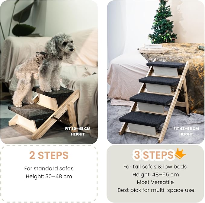 MEWANG Wood Pet Stairs &amp; Ramp for Small/Medium Dogs and Cats, Aging Pets – 3-in-1 Foldable, Portable, Non-Slip Pet Ladder for Tall Beds, Couches,Cars–Holds Up to 220 lbs (31.5" L x 17.2" W x 25.0" H)