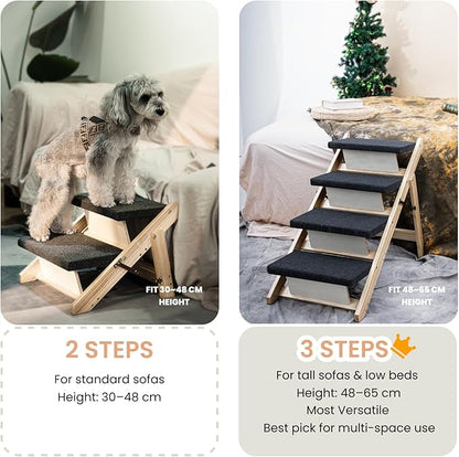 MEWANG Wood Pet Stairs &amp; Ramp for Small/Medium Dogs and Cats, Aging Pets – 3-in-1 Foldable, Portable, Non-Slip Pet Ladder for Tall Beds, Couches,Cars–Holds Up to 220 lbs (31.5" L x 17.2" W x 25.0" H)