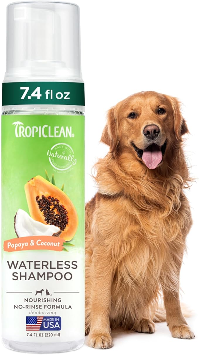 TropiClean No Rinse Waterless Dog Shampoo | Detangling &amp; Deodorizing Dry Shampoo for Smelly Pets | Moisturizes Dry Skin | USA Made | Papaya Scent | 7.4oz