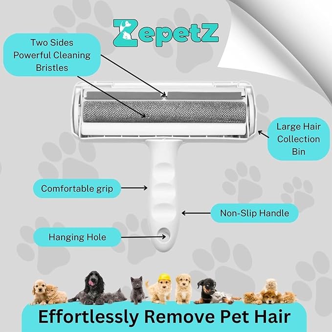 Pet Hair Removal Tool – Reusable Lint Roller for Dogs &amp; Cats – Self-Cleaning Fur Remover Brush – Ergonomic Lint Roller for Carpet, Bedding, Couch, Car Seat &amp; More (White)