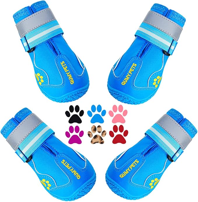 QUMY Dog Shoes for Large Dogs, Medium Dog Boots &amp; Paw Protectors for Winter Snowy Day, Summer Hot Pavement, Waterproof in Rainy Weather, Outdoor Walking, Indoor Hardfloors Anti Slip Sole Blue 4