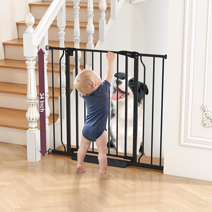 34" Extra Tall Baby Gate for Stairs, Auto Close Stroller Friendly Dog Gate Indoor for Doorways, Pressure Mounted 29"-40" W Baby Gate, Easy Walk Through Gate for Children &amp; Pets, Black