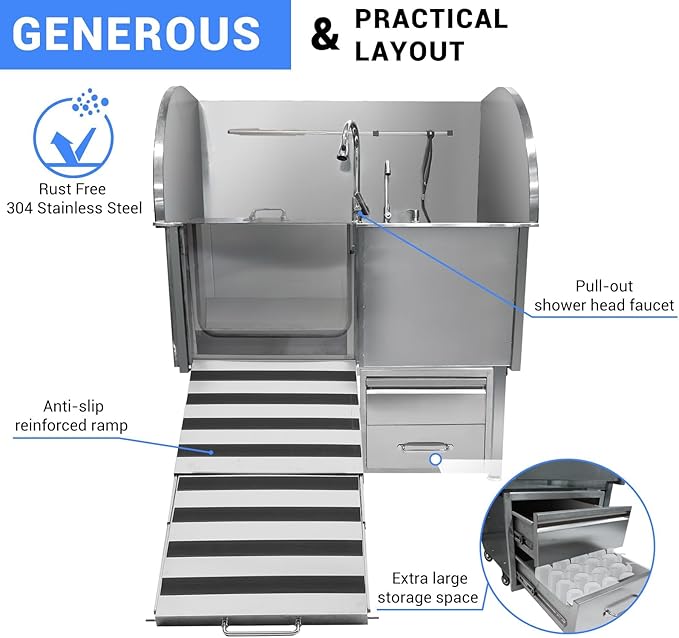 Professional Dog Grooming Tub, 50" Stainless Steel Dog Wash Station with Foldable Ramp, Storage Drawer, Floor Grate &amp; Faucet/Dog Bathtub for Large, Medium &amp; Small Pets - Left Door (50")