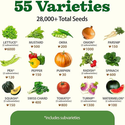 HOME GROWN 𝗨𝗦𝗔 𝗣𝗥𝗘𝗠𝗜𝗨𝗠 55 Vegetable Seeds Pack 28,000+ Non-GMO Heirloom Seeds for Planting, Spring Fall Winter Garden Kit, Survival Seed Vault for Preppers &amp; Gardeners, Gift for Men &amp; Women