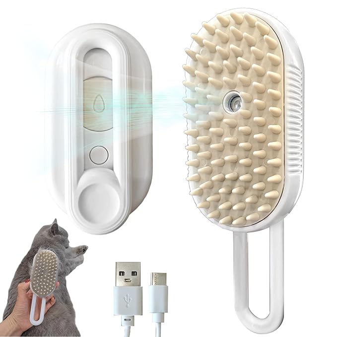 Cat Steam Brushes for Shedding, 4 in 1 Rechargeable Steam Cat Brush for Indoor Cats &amp; Dogs, Grooming Comb with Spray