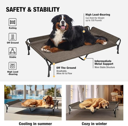 Veehoo Cooling Elevated Dog Bed, Guardrail Raised Pet Cot, Indoor &amp; Outdoor XXL Pet Bed with Washable &amp; Breathable Teslin Mesh, Non-Slip Feet, Dog Couch Bed, 62.5" x 37", Brown