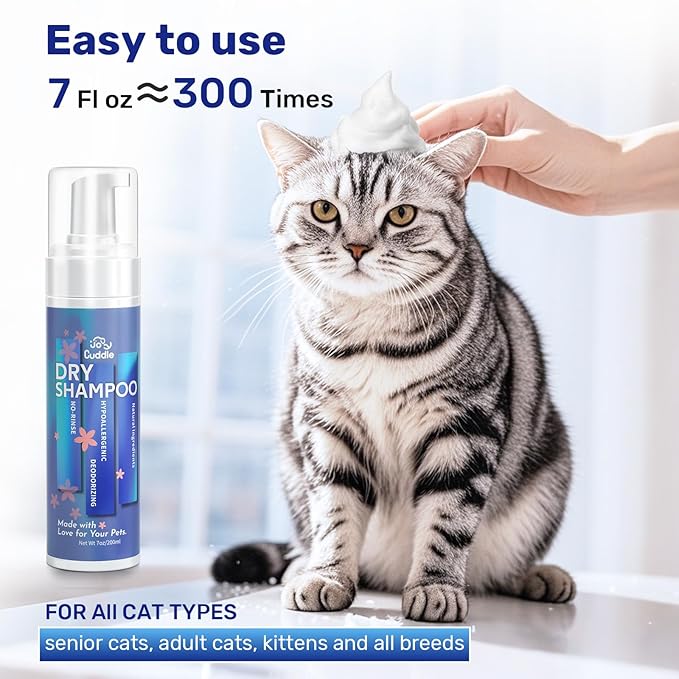 Waterless Cat Shampoo - No Rinse Foam Cat Bath | Licking Safe Dry Shampoo for Dander Reducing | pH Balanced (7 oz) for Kitten Sensitive Skin | Deep Cleansing Relieves Itchy Skin &amp; Shedding