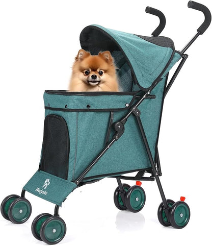Umbrella Dog Stroller, 4 Wheels Pet Strolling, Foldable Carrier Pet Stroller for Small Dogs Cats, with Carrying Strap and Cup Holder, Dog Poop Bags &amp; Dispenser, Up to 33 lbs, Dark Green