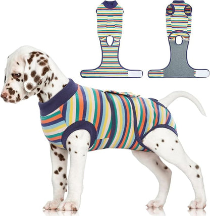 FUAMEY Recovery Suit for Dogs After Surgery,Soft Breathable Dog Bodysuit E-Collar &amp; Cone Alternative Surgical Suit,Male Female Dog Neuter Spay Suits Anti Licking Wounds Onesie Dark Blue Stripes S
