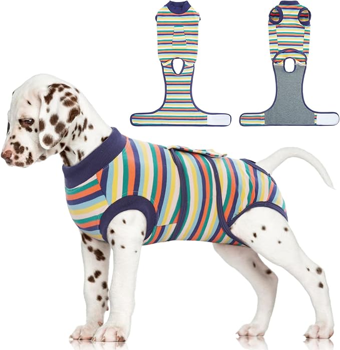 FUAMEY Recovery Suit for Dogs After Surgery,Soft Breathable Dog Bodysuit E-Collar &amp; Cone Alternative Surgical Suit,Male Female Dog Neuter Spay Suits Anti Licking Wounds Onesie Dark Blue Stripes XS