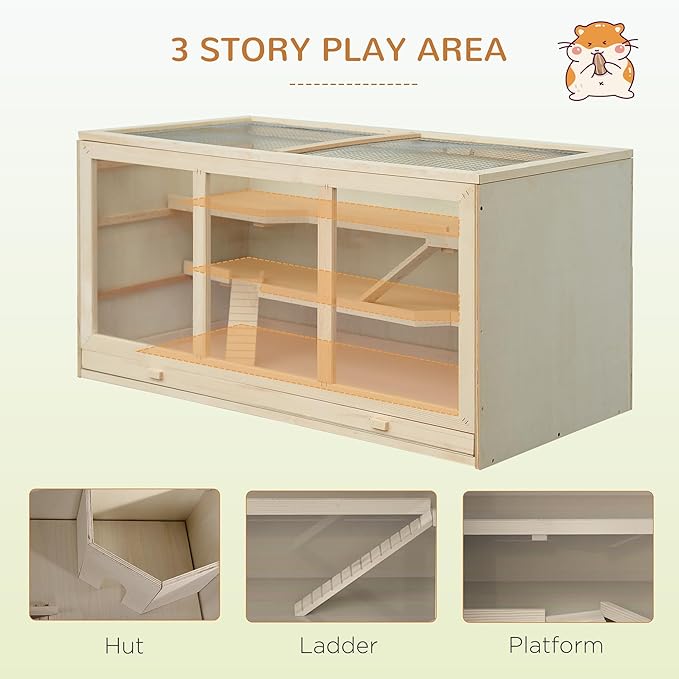 PawHut 45" Extra Large Wooden Hamster Cage, 3-Layer Chewproof Rat Cage with Opening Roof, Hut, Ramps, for Gerbil, Dwarf &amp; Syrian Hamsters, Natural