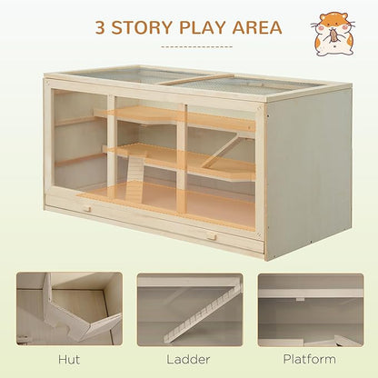 PawHut 45" Extra Large Wooden Hamster Cage, 3-Layer Chewproof Rat Cage with Opening Roof, Hut, Ramps, for Gerbil, Dwarf &amp; Syrian Hamsters, Natural