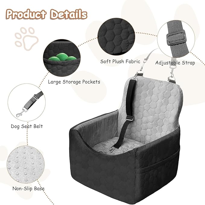 Dog Car Seat for Small/Medium Dogs - Dog Booster Seat with Safety Straps &amp; Non-Slip Base, Travel Pet Car Seat with Storage Pockets, Washable &amp; Removable, Suitable for Dogs Under 35 lbs (Black&amp;Gray)