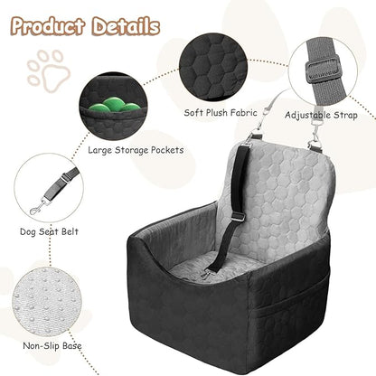 Dog Car Seat for Small/Medium Dogs - Dog Booster Seat with Safety Straps &amp; Non-Slip Base, Travel Pet Car Seat with Storage Pockets, Washable &amp; Removable, Suitable for Dogs Under 35 lbs (Black&amp;Gray)