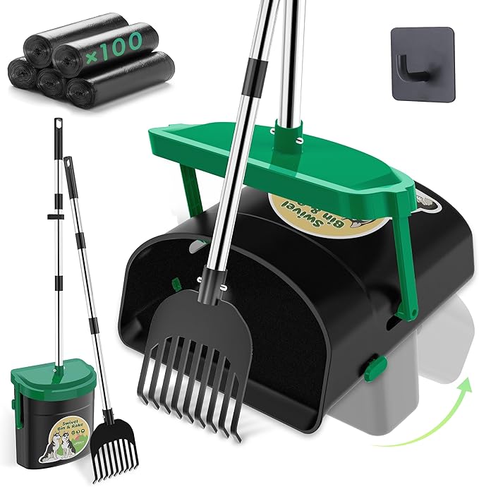 UPSKY Dog Pooper Scooper Swivel Bin &amp; Rake Kit with 100 Waste Bags,33.4" Stainless Steel Long Handle Heavy Duty Pet Poop Shovel for Large Medium Small Dogs, Odor-Proof Lid for Yard/Lawn/Outdoor Use