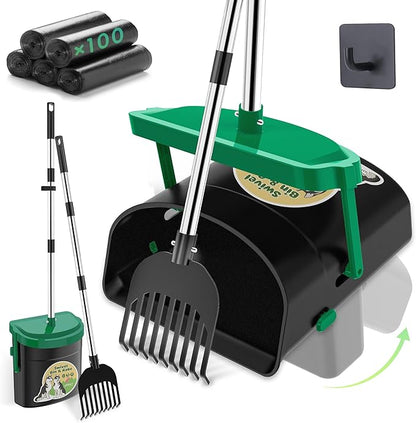 UPSKY Dog Pooper Scooper Swivel Bin &amp; Rake Kit with 100 Waste Bags,33.4" Stainless Steel Long Handle Heavy Duty Pet Poop Shovel for Large Medium Small Dogs, Odor-Proof Lid for Yard/Lawn/Outdoor Use