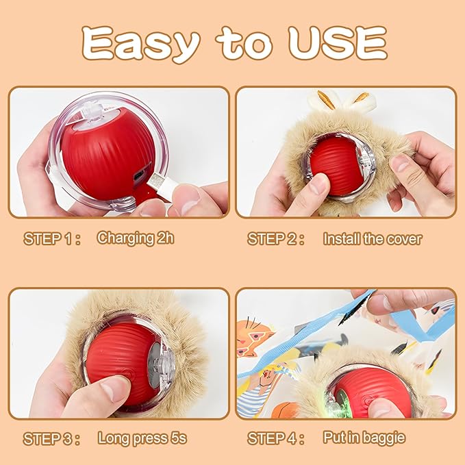 Rocfish Interactive Cat Toys Ball - Automatic Fast Rolling Ball in Play Mat, Hide and Seek Mouse Catching Game, Low-Noise Cat Enrichment Toys in Pouch for Indoor Bored Cats (Red Toy &amp; Round Mat)