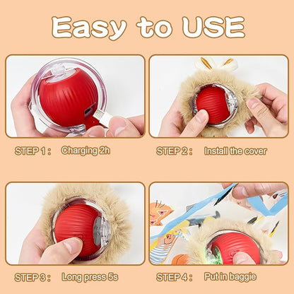 Rocfish Interactive Cat Toys Ball - Automatic Fast Rolling Ball in Play Mat, Hide and Seek Mouse Catching Game, Low-Noise Cat Enrichment Toys in Pouch for Indoor Bored Cats (Red Toy &amp; Round Mat)