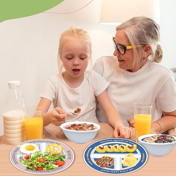 4 Pcs Portion Control Plates &amp; Bowls Set (2 Plates + 2 Bowls, 9 Inch) - Self-Measuring for Weight Loss, Gastric Bypass, LapBand, Diabetes &amp; Healthy Diets, Pink &amp; Blue, for Adults &amp; Children
