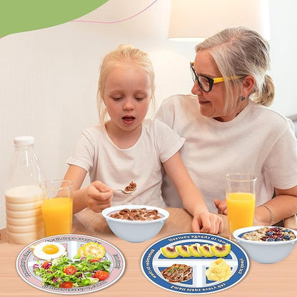 4 Pcs Portion Control Plates &amp; Bowls Set (2 Plates + 2 Bowls, 9 Inch) - Self-Measuring for Weight Loss, Gastric Bypass, LapBand, Diabetes &amp; Healthy Diets, Pink &amp; Blue, for Adults &amp; Children
