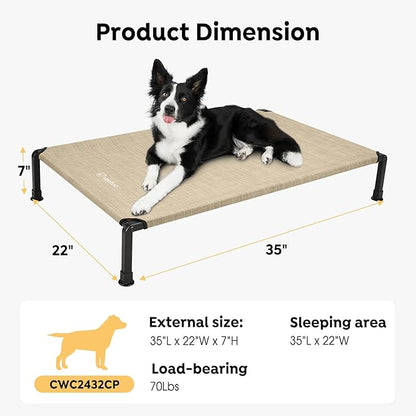 Veehoo Heavy Duty Elevated Dog Bed - Raised Dog Cot with Washable &amp; Breathable Teslin Mesh, Non-Slip Silicon Feet, Cooling for Indoor or Outdoor, 35" x 22", Beige Coffee