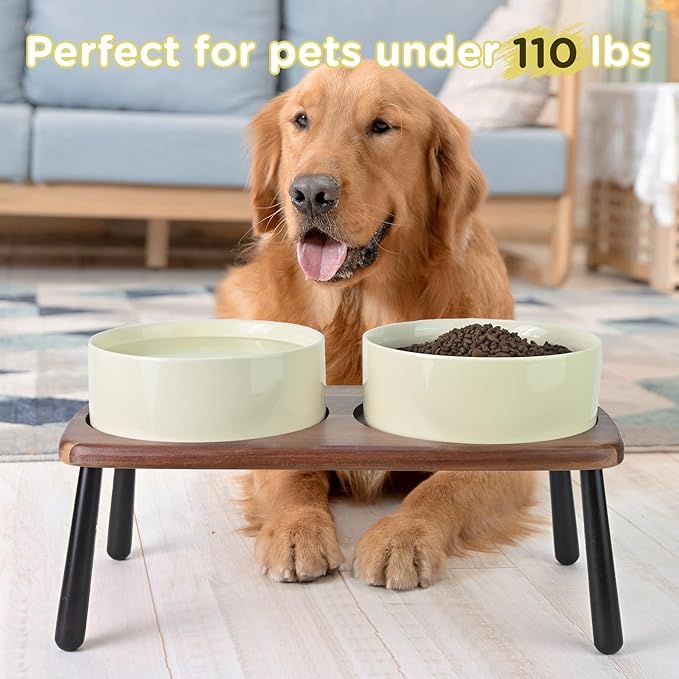 SPUNKYJUNKY Ceramic Elevated Dog Bowls Raised with Acacia Bamboo Wooden Stand, 8.3&