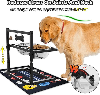 SHAINFUN Elevated Dog Bowls with Slow Feeder &amp; Spillproof Mat, Raised Dog Bowl Stand with 2 Stainless Steel Food Water Bowls, Adjustable Height Stand for Large Medium Breeds