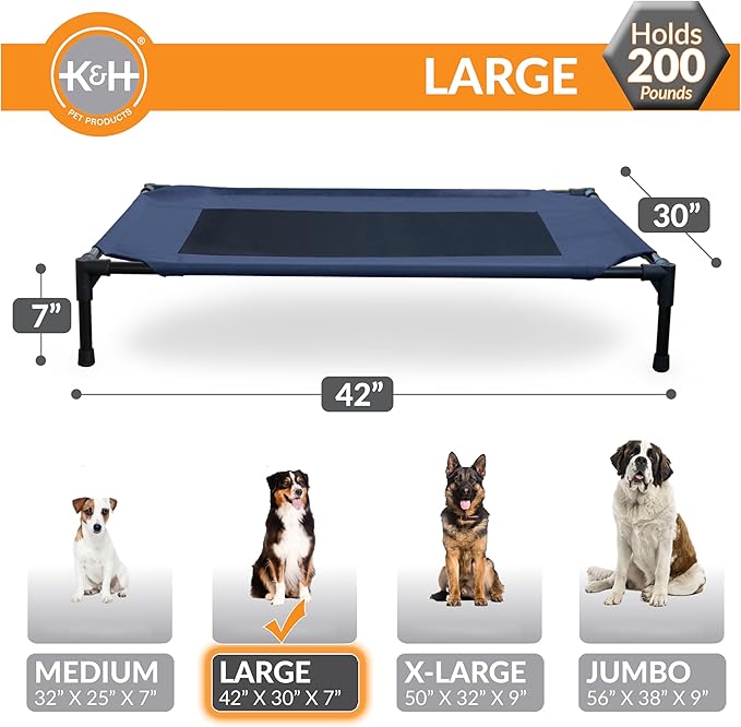 K&amp;H Pet Products Outdoor Elevated Dog Cot, Breathable Cooling Elevated Cot Hammock Pet Bed for Large Dogs, Washable Mesh Cover, Raised Metal Frame, Collapsible, Portable - Large 42 X 30in Blue