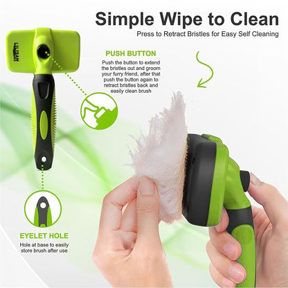 Pet Self Cleaning Slicker Brush and Grooming Comb - Gently Removes Loose Hair, Tangles, and Dirt - Skin Friendly Deshedding Grooming Tool for Hair Dogs &amp; Cats - Pet Supplies Accessories (Green)