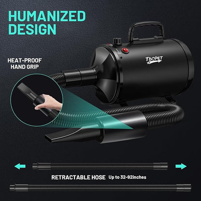 Dog Dryer High Velocity Dog Hair Dryer with 4 Nozzles 5.2HP/3800W (Professional Super Cyclone), Stepless Adjustable Speed Temperature Dogs Grooming Blow Dryer with Heater for Pets Hair Dryer, Black