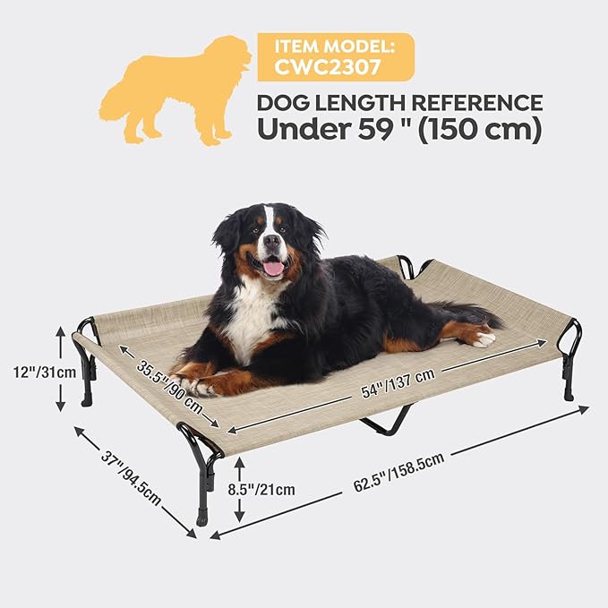 Veehoo Cooling Elevated Dog Bed, Guardrail Raised Pet Cot, Indoor &amp; Outdoor XXL Pet Bed with Washable &amp; Breathable Teslin Mesh, Non-Slip Feet, Dog Couch Bed, 62.5" x 37", Beige Coffee