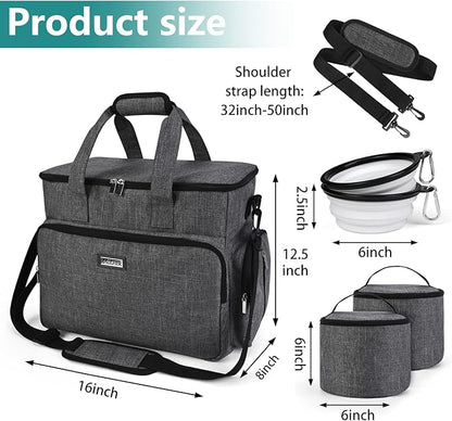 BAGLHER Dog Travel Bag, Airline Approved Pet Tote Organizer with Multi-Function Pockets, 2 X Food Storage Containers and 2 X Collapsible Dog Bowls, Perfect Weekend Pet Travel Set for Dog, Cat Grey