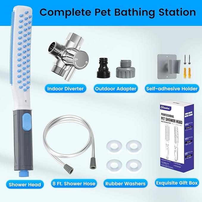 Dog Shower Attachment, Dog Washing Hose Attachment with Metal T-Diverter, Dog Bathing Supplies with 3 Spray Modes &amp; One-Button ON/OFF Indoor and Outdoor Sprayer 8-Foot Hose