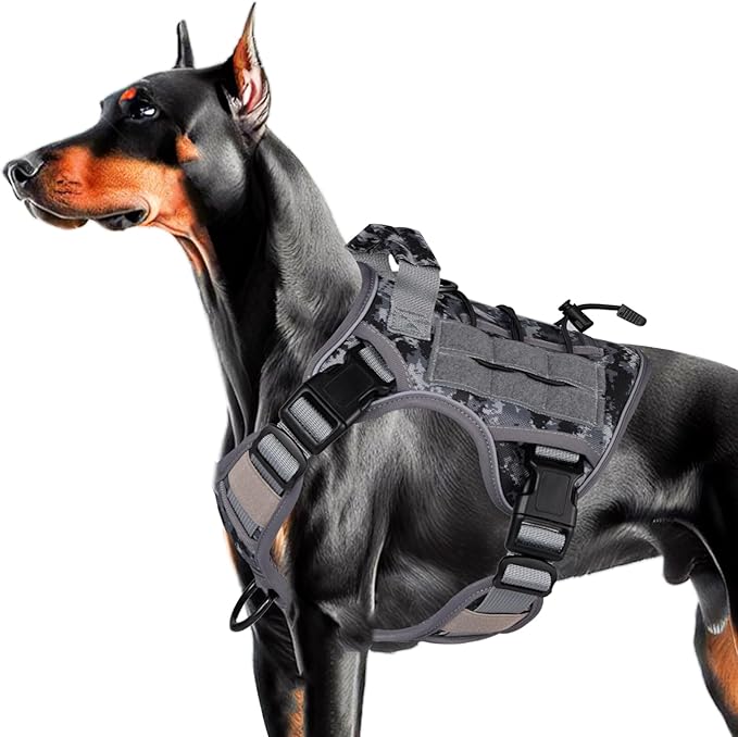 Heavy-Duty Tactical Dog Harness for Large Dogs, No Pull Adjustable Reflective Pet Vest with Molle System, K9 Military-Grade Control for Service Training, Outdoor &amp; 10+ Breeds, Gray Camo, Medium