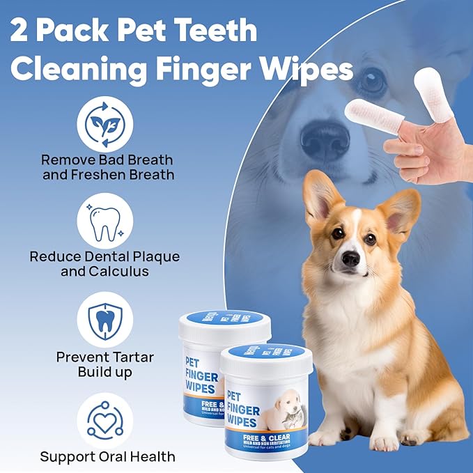Pet Dental Finger Wipes for Dogs &amp; Cats, 120 Count Dog Teeth Cleaning Dental Finger Wipes No-Rinse Cat &amp; Dog Tooth Brushing Kit, Remove Plaque and Tartar &amp; Freshens Breath (60 Count x2)