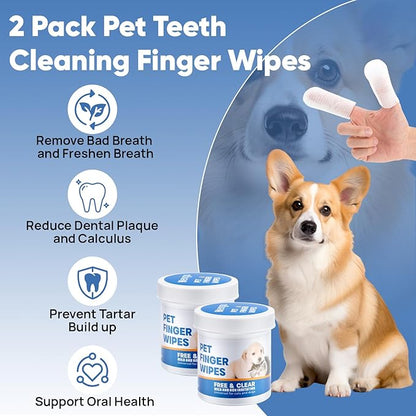 Pet Dental Finger Wipes for Dogs &amp; Cats, 120 Count Dog Teeth Cleaning Dental Finger Wipes No-Rinse Cat &amp; Dog Tooth Brushing Kit, Remove Plaque and Tartar &amp; Freshens Breath (60 Count x2)