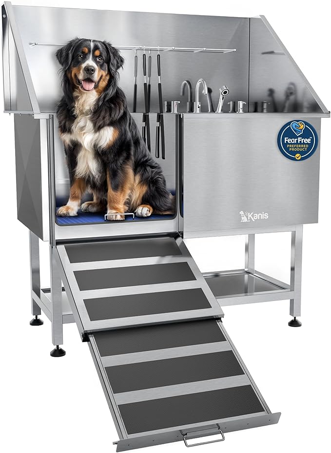 KANIS Professional Dog Washing Station - 304 Stainless Steel Pet Wash Sink &amp; Grooming Bath Tub for Home with Ramp, Shower, Floor Grate, Storage Shelf, Faucet, Drain Kit for Large, Medium &amp; Small Pets