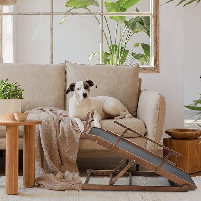 Dog Ramp, 5 Level Adjustable Height Folding Pet Ramp for High Bed, Portable Paw Ramps Large Bed Ramp for Medium &amp; Large Old Dogs &amp; Cats - Natural Wood Furniture Quality
