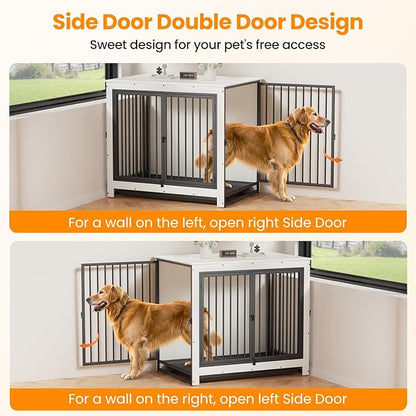Dog Crate Furniture, Large Dog Crate Furniture, Wooden Cage Kennel Furniture Indoor, Modern Dog Crate with Multi-Purpose Removable Tray, Double-Doors Dog Furniture, End table dog crate, White
