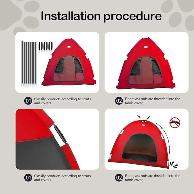 Red, Large Cat &amp; Dog Waterproof Tent House - Washable Indoor/Outdoor Bed, Cave Nest for Small Pets