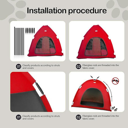 Red, Large Cat &amp; Dog Waterproof Tent House - Washable Indoor/Outdoor Bed, Cave Nest for Small Pets